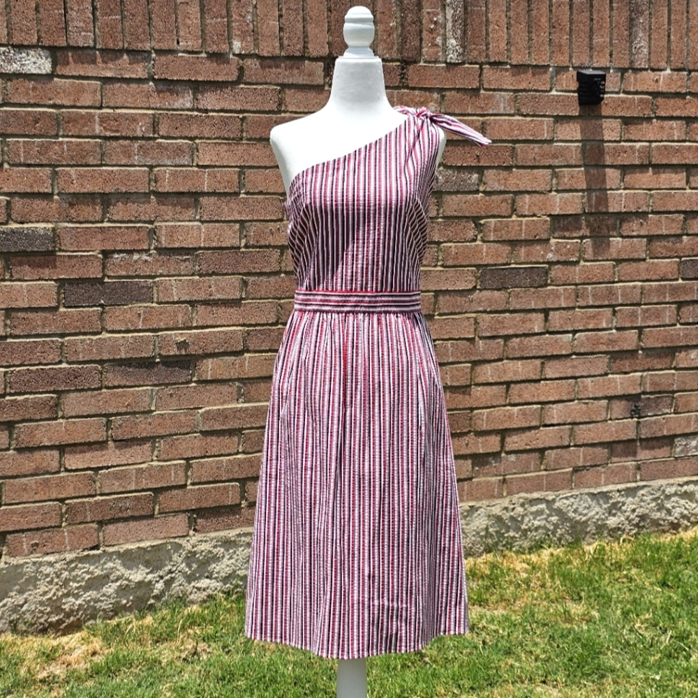 LOFT Pink and White Striped One-Shoulder Midi Dress
